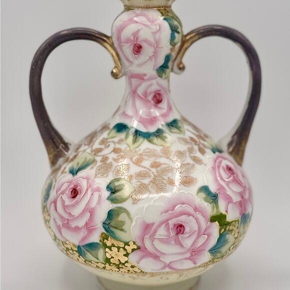 Antique Nippon Pink and Gold Porcelain Vase with Elegant Floral Accents & Gilt - Picture 11 of 12